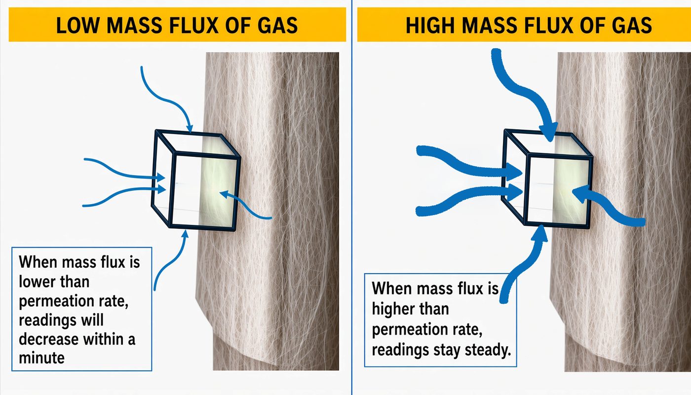 Two panels side by side. On the left, headed low mass flux of gas, a few thin arrows reach a cube of formation against the probe membrane. On the right, headed high mass flux of gas, many heavy arrows converge on it.
