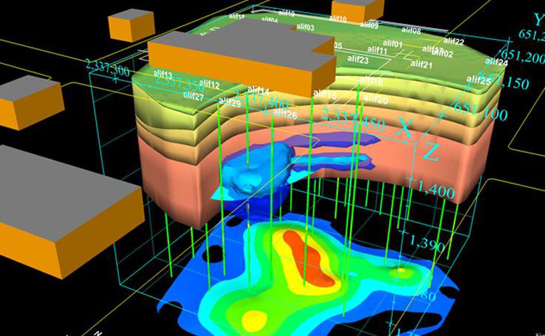 A three-dimensional conceptual site model on a black background: stacked geological layers beneath building footprints, vertical borehole traces, and a contoured vapour plume in blue, green and red modelled below the block.